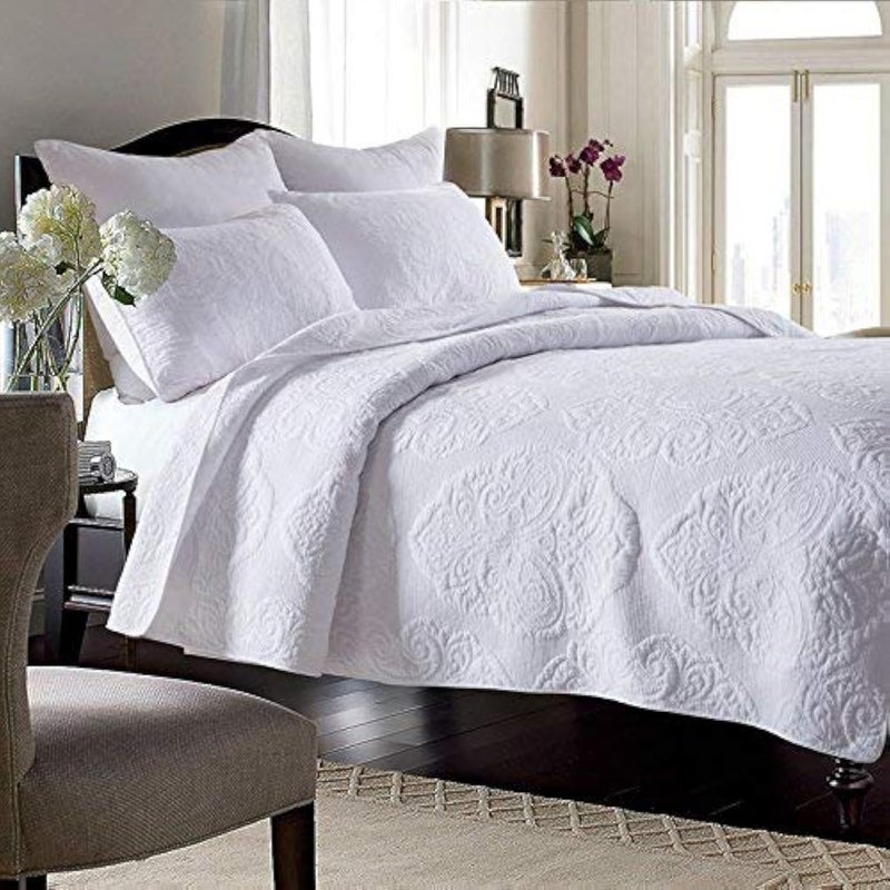 Brandream King Size Quilt Set Cotton White Quilts Vintage Quilted Comforter Set Queen Bedspreads Paisley Matelasse Coverlet Set 3-Piece - Image 1